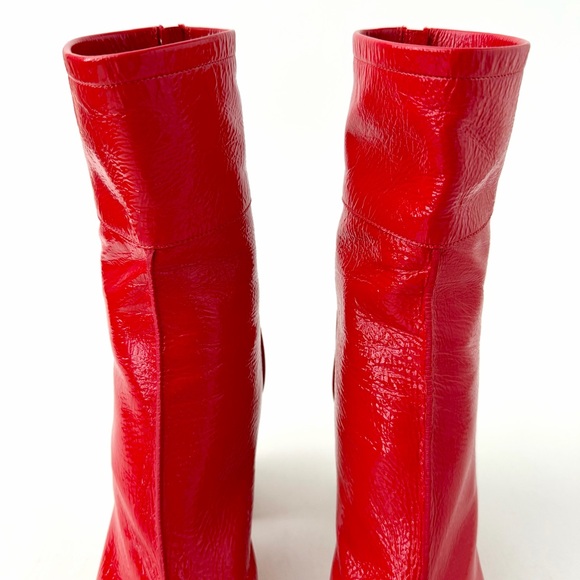 CHANEL | Red Patent Leather CC Logo Block Heel Ankle Boots EU 37.5 - Picture 7 of 13